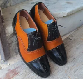 Stylish Handmade Men's Tan & Black Leather Cap Toe Brogue Lace Up Dress Shoes
