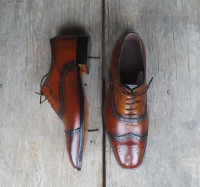 Stylish Men's Handmade Two Tone Brown & Black Wing Tip Brogue Leather Lace Up Dress Shoes