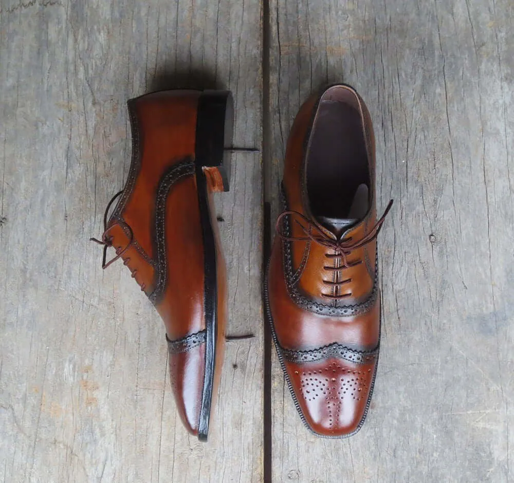 Stylish Men's Handmade Two Tone Brown & Black Wing Tip Brogue Leather Lace Up Dress Shoes