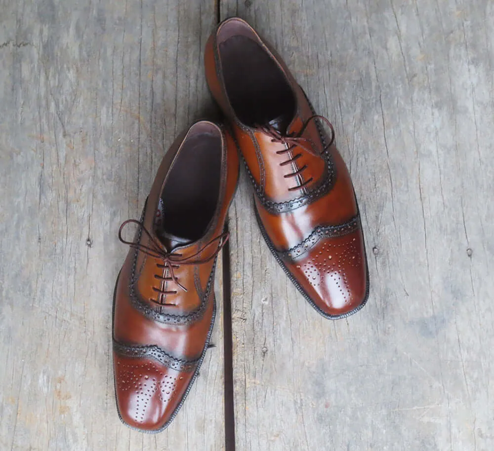 Stylish Men's Handmade Two Tone Brown & Black Wing Tip Brogue Leather Lace Up Dress Shoes